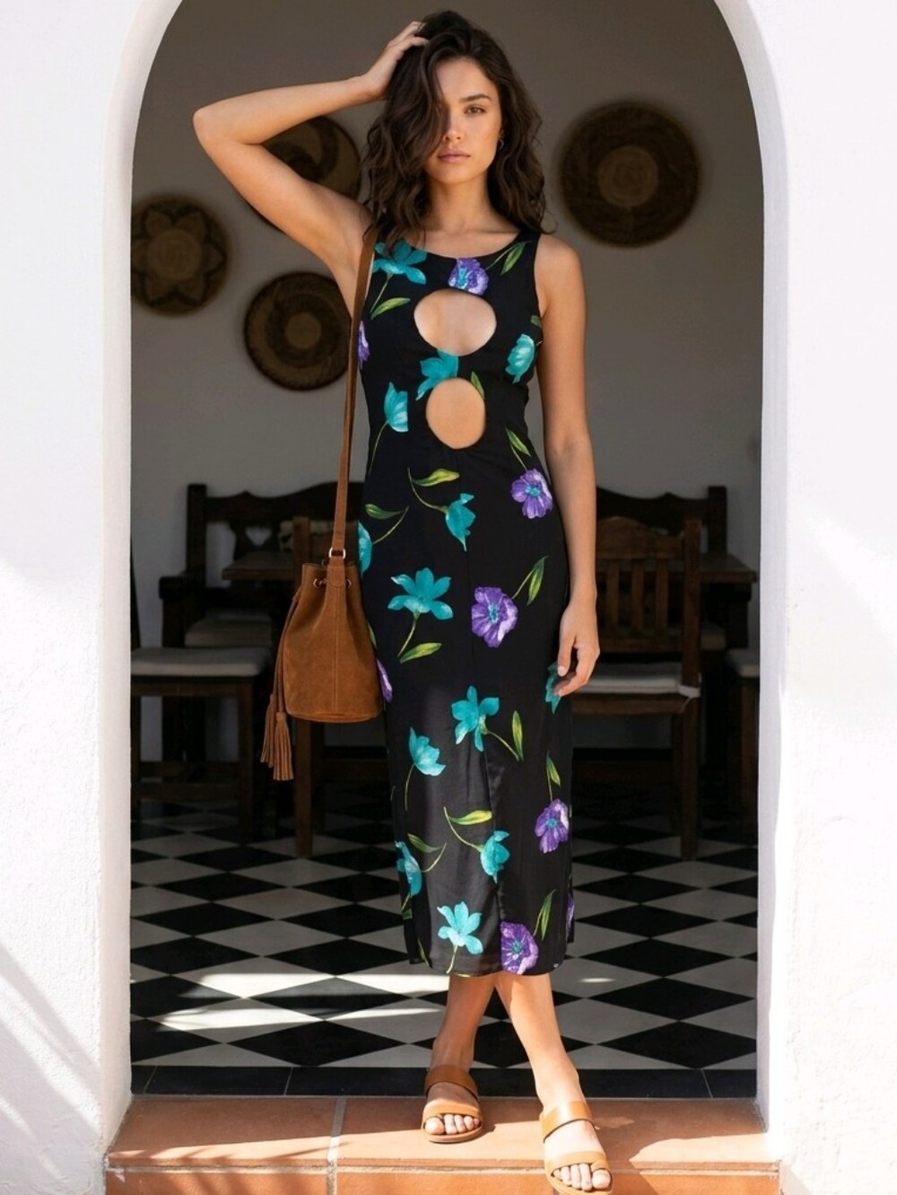 Vintage Rhapsody Black Midi Dress Teal Purple Floral Print Cut Out Size Small